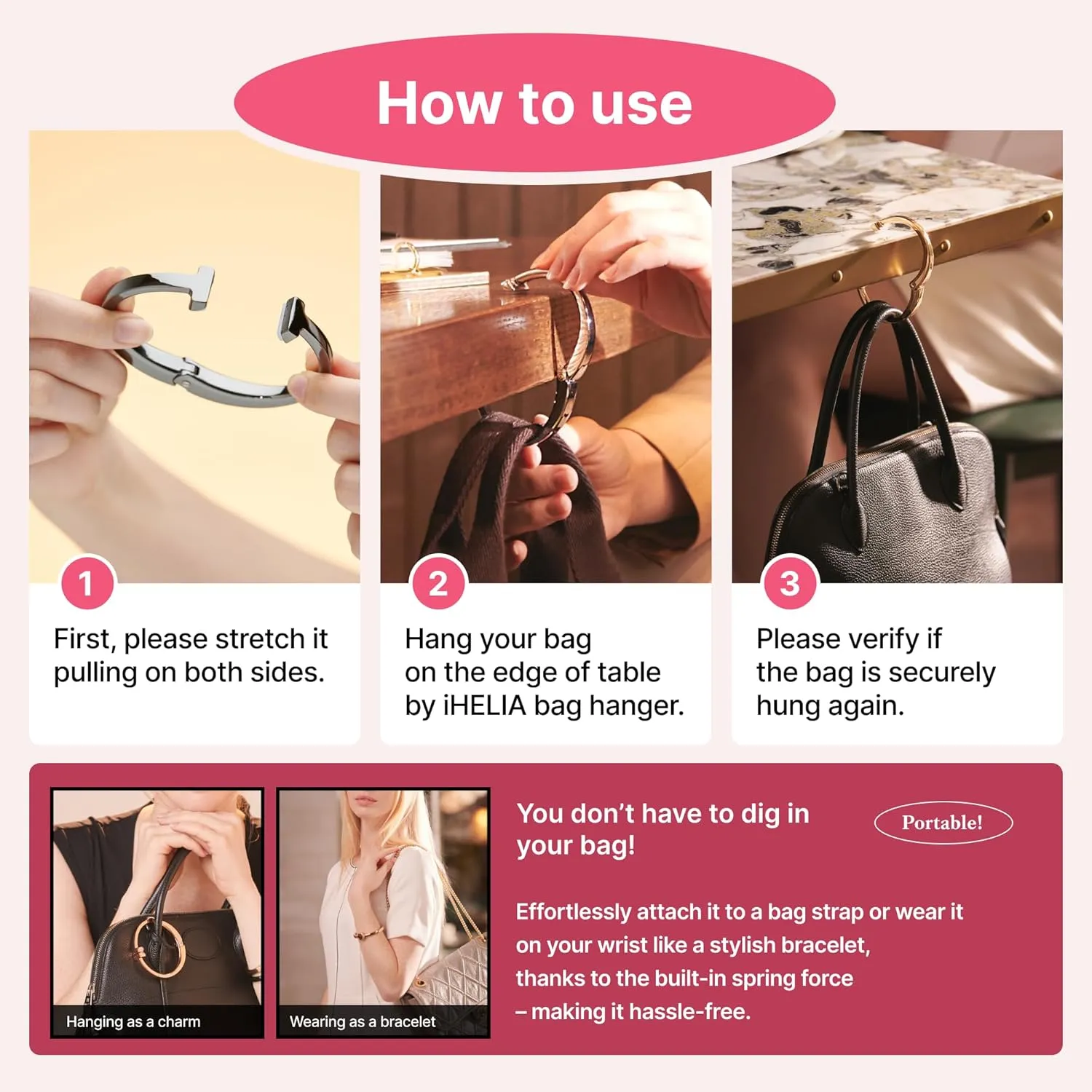 Purse Hook Hanger for Table (Modern) - Premium Bag Holder w/Ergonomic Bracelet Oval Design (Black)