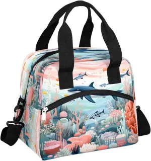 QsirBC Marine Coral Fish Aquatic Plants Lunch Box Tote Insulated Lunch Bag with Adjustable Extended Shoulder Strap Meal Prep Organizer with Zipper for Women Men Work Picnic