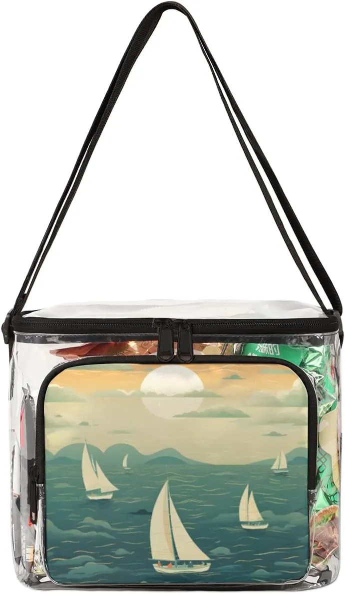 QsirBC Maritime Sailing Cloud Clear Lunch Bag Transparent PVC Food Bag with Adjustable Shoulder Strap Through Tote for Work Concerts Sporting Events Freezer Storage