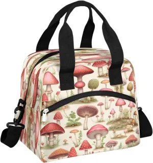QsirBC Watercolor Mushrooms Grassy Lunch Box Tote Insulated Lunch Bag with Adjustable Extended Shoulder Strap Meal Prep Organizer with Zipper for Women Men Work Picnic