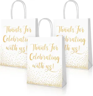Queekay 80 Pcs Wedding Welcome Gift Bags for Hotel Guests Thanks Celebrating with Us Paper Bags with Handles Gold Foil Kraft Gift Paper for Wedding, Baby Shower, Birthday (10 x 8 x 3 Inch)