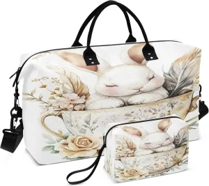Rabbit and Teacup Travel Duffel Bag for Women Weekend Overnight Dag with Toiletry Bag, Luggage Bag for Travel, Sport, Gym