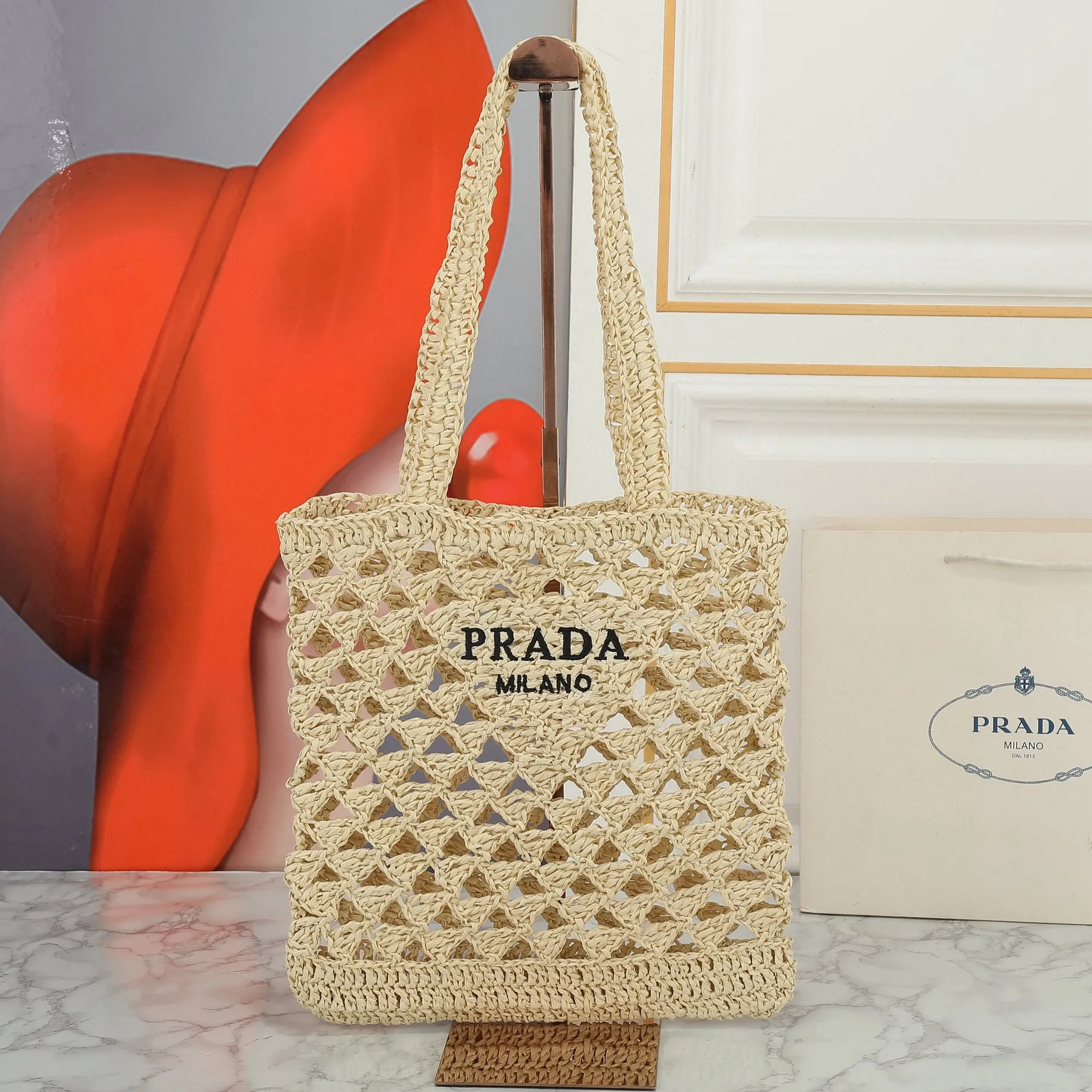 Raffia Crochet Triangle Tote Bag