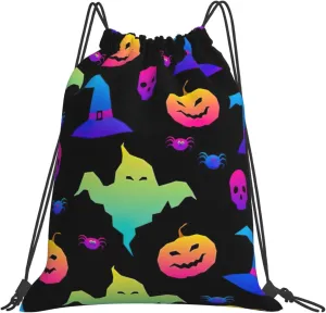 Rainbow Halloween Ghost Witch Hat Spiders print Drawstring Shoulder Bag,Gym Bag,Outdoor Portable Shoulder Bag,Sports Yoga Bag