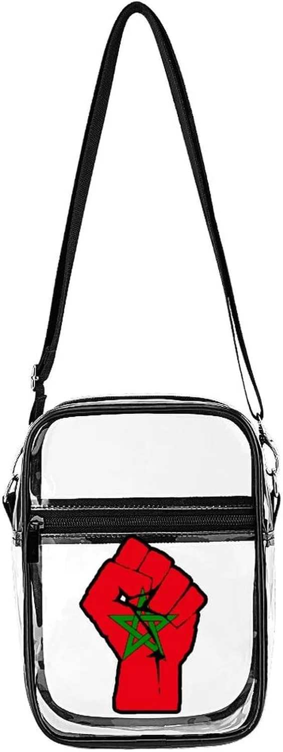Raised Fist Morocco Flag Clear Crossbody Bag Stadium Bag Adjustable Side Shoulder Bags Messenger Bag with 2 Compartments