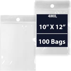 Reclosable Hang Hole Zip Poly Bags, 4Mil 10" X 12" & 100 Bags | LDPE Material, Clear Plastic with Resealable Lock Seal Zipper | Resealable Zip Top Lock For Travel, Storage, Packaging & Shipping