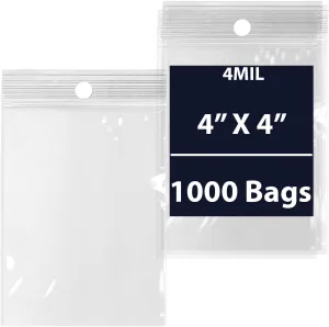 Reclosable Hang Hole Zip Poly Bags, 4Mil 4" X 4" & 1000 Bags | LDPE Material, Clear Plastic with Resealable Lock Seal Zipper | Resealable Zip Top Lock For Travel, Storage, Packaging & Shipping