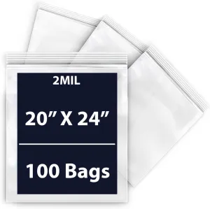 Reclosable Zip Poly Bags, 2Mil 20" X 24" & 100 Bags | LDPE Material, Clear Plastic with Resealable Lock Seal Zipper | Resealable Zip Top Lock For Travel, Storage, Packaging & Shipping