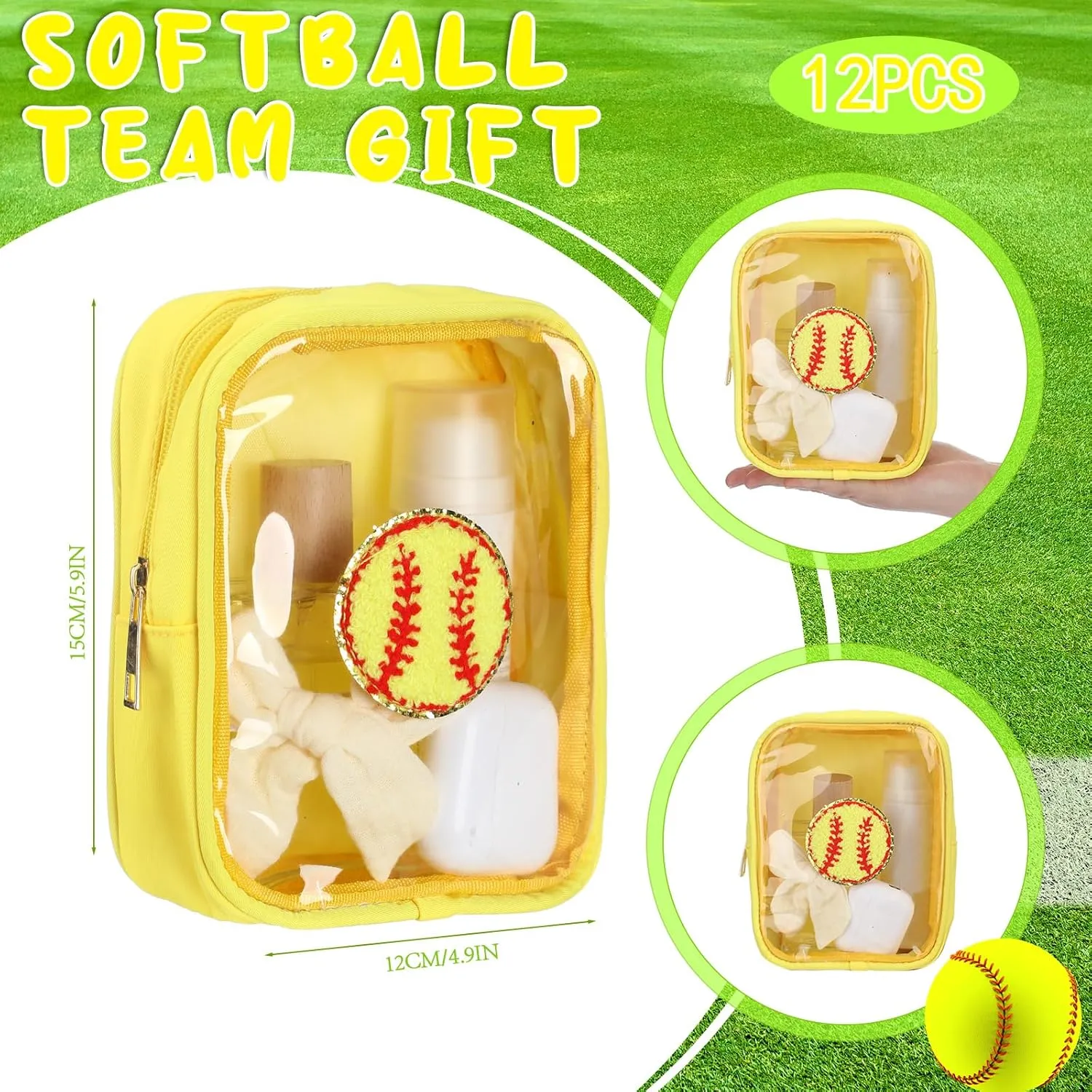 Reginary 12 Pcs Chenille Patch Gift Bags Senior Night Gift Bag Waterproof Travel Size Pack for Party Favors Team Stuff(Yellow,Softball)