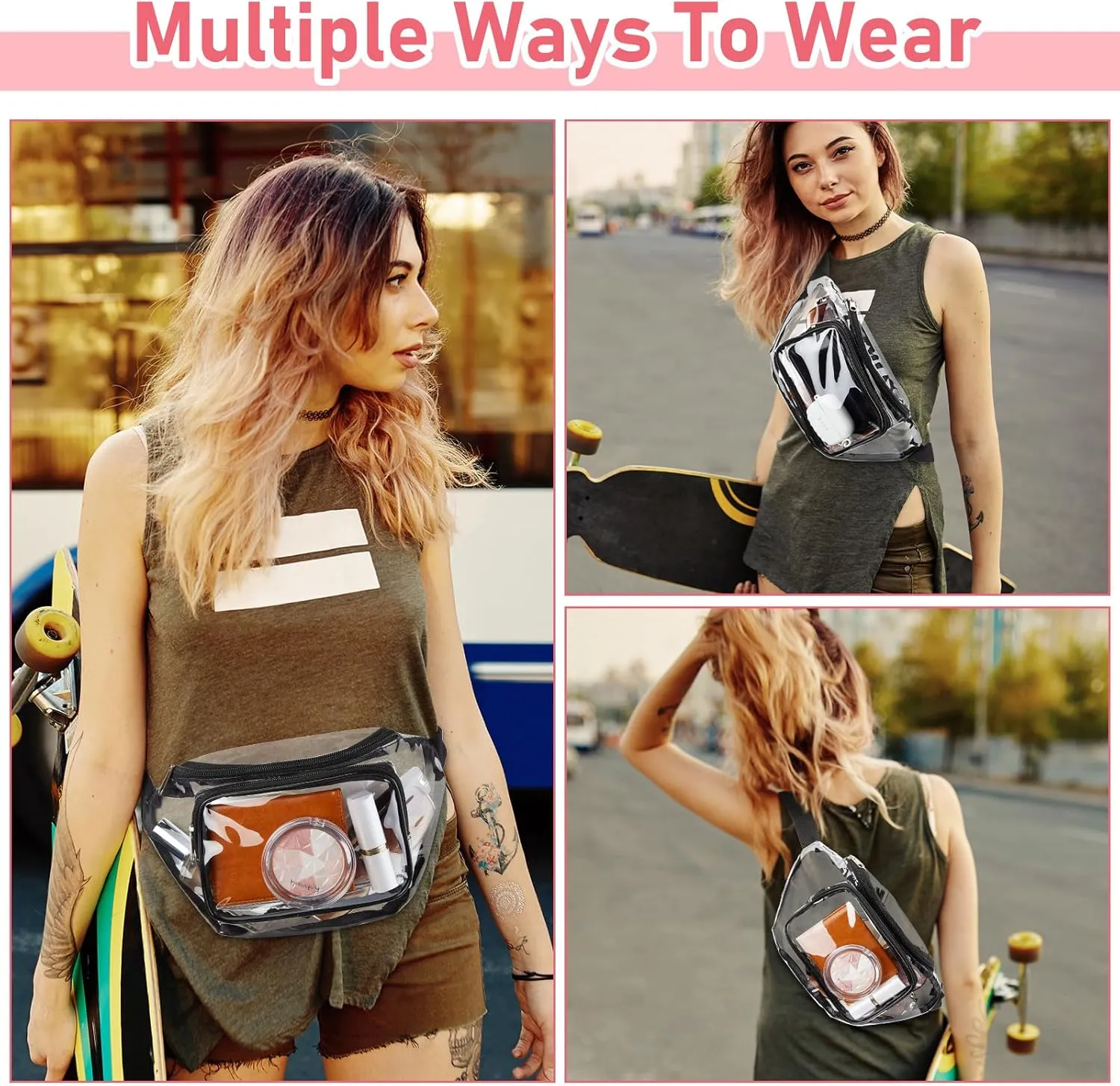 Reginary 24 Pcs Fanny Clear Packs for Women Men Waist Pack Stadium Approved Transparent Bag Waterproof Purse Adjustable Belt Bag for Festival Games Travel(Fresh Color)
