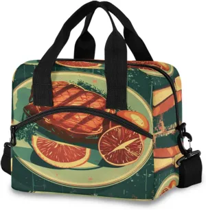 Retro Breakfast Insulated Lunch Bag 19 Cans Large Capacity Cooler Lunch Box Crossbody with Adjustable Detachable Strap 11.4×7.1×9.5 IN