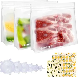 Reusable Freezer Bags, 3 Pack PEVA Material Reusable Storage Bags, Leak proof Reusable Bags Silicone, Reusable Gallon Bags, Plastic Free for Fruit, Marinate Meat, Cereal, Sandwich, Snack, Travel Items
