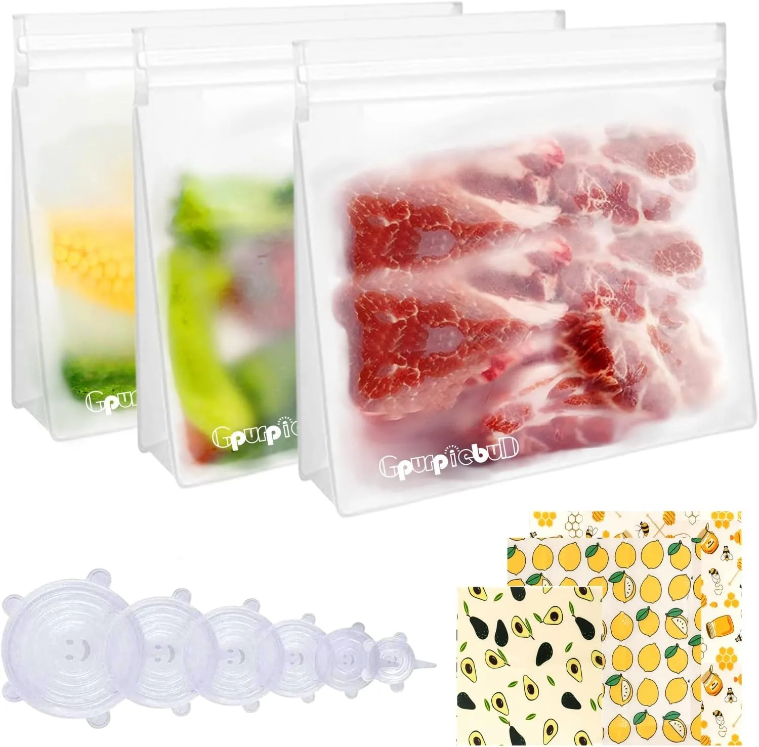 Reusable Freezer Bags, 3 Pack PEVA Material Reusable Storage Bags, Leak proof Reusable Bags Silicone, Reusable Gallon Bags, Plastic Free for Fruit, Marinate Meat, Cereal, Sandwich, Snack, Travel Items