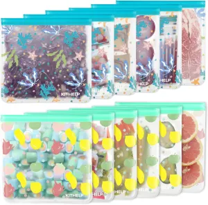 Reusable Freezer Gallon bags 12 PACK Extra Large Reusable Freezer Bags BPA Free Leakproof Plastic Bags Reusable Food Storage Bags Silicone Kids Snack Bags Reusable Ziplock Bags