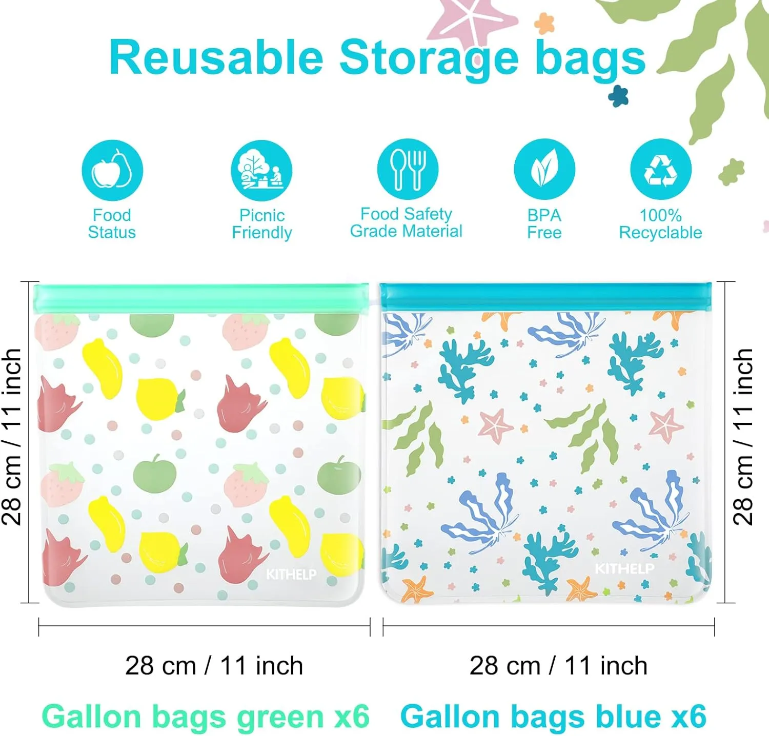 Reusable Freezer Gallon bags 12 PACK Extra Large Reusable Freezer Bags BPA Free Leakproof Plastic Bags Reusable Food Storage Bags Silicone Kids Snack Bags Reusable Ziplock Bags