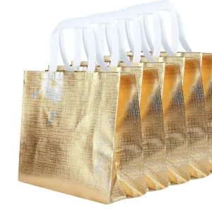 Rumcent Reusable Gift Bag,Shopping Bag,Grocery Bag Tote Bag With Handles ,Non-Woven Fabric,Medium Size,Set Of 5 - Glossy Gold