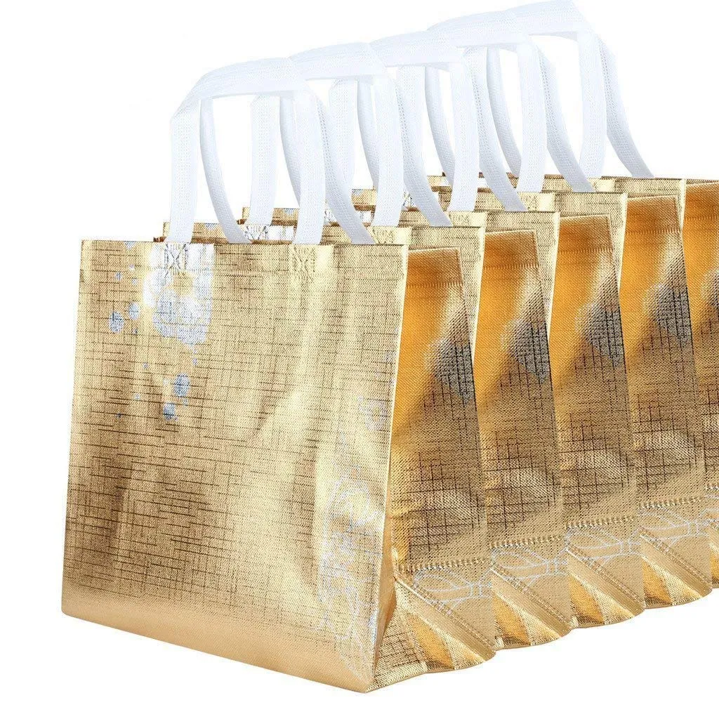 Rumcent Reusable Gift Bag,Shopping Bag,Grocery Bag Tote Bag With Handles ,Non-Woven Fabric,Medium Size,Set Of 5 - Glossy Gold