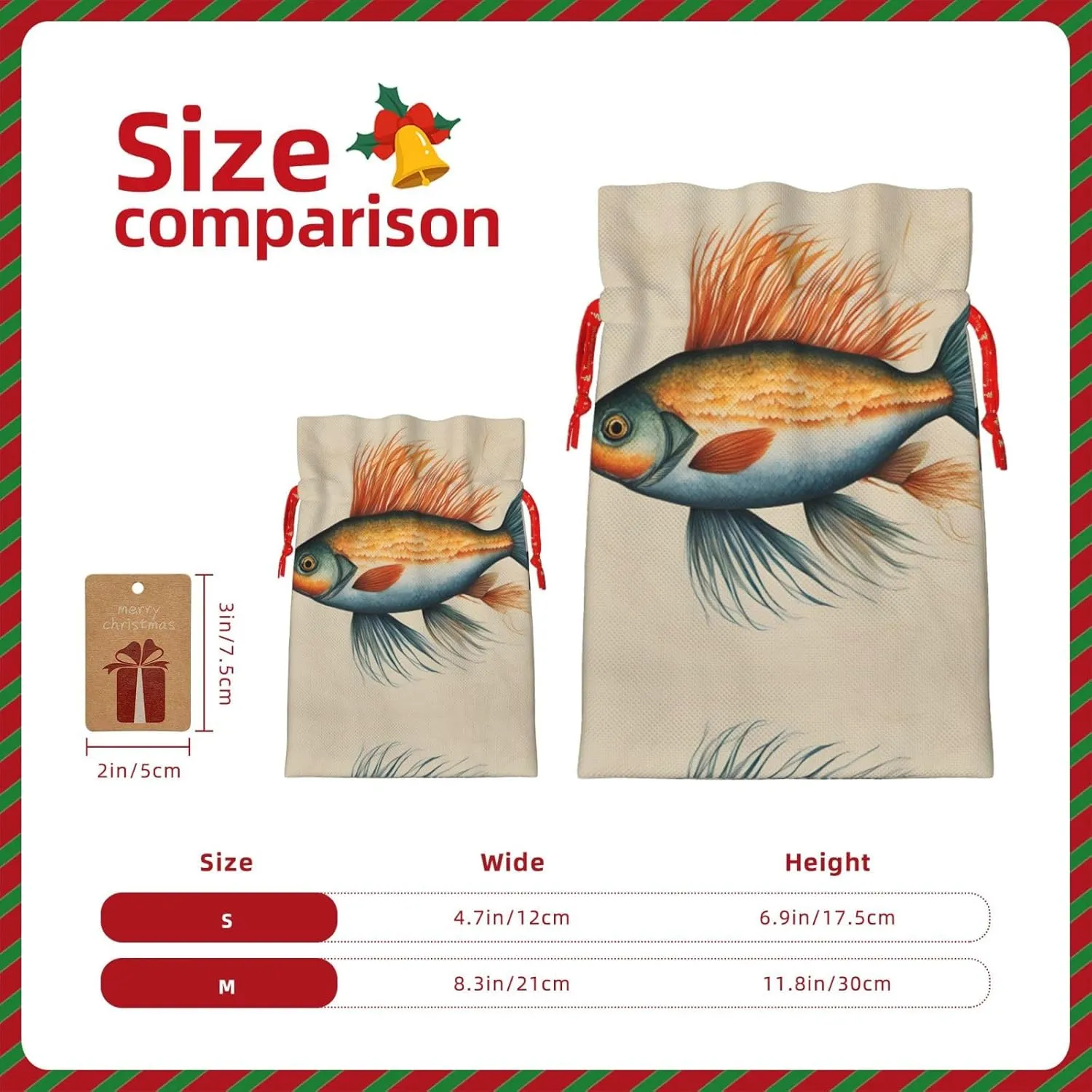 Safflower Flying Fish print Christmas Packing Cloth Bag with Drawstring Reusable Food Storage Bag Decoration bag