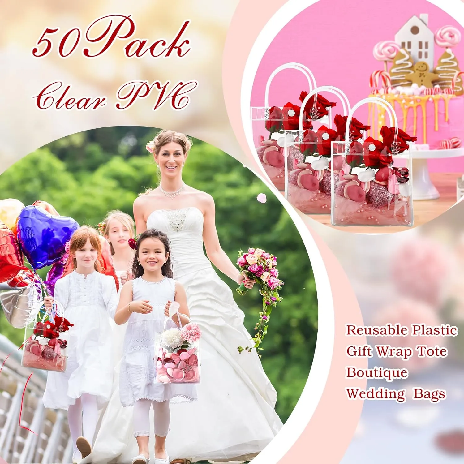 Saintrygo 50 Pcs Clear Plastic Gift Bags with Handles Bulk PVC Wrap Tote Transparent Reusable Goodie Bags for Boutique Wedding Birthday Baby Shower Mother's Day Party Favor(5.9 x 6.3 x 2.8 Inches)