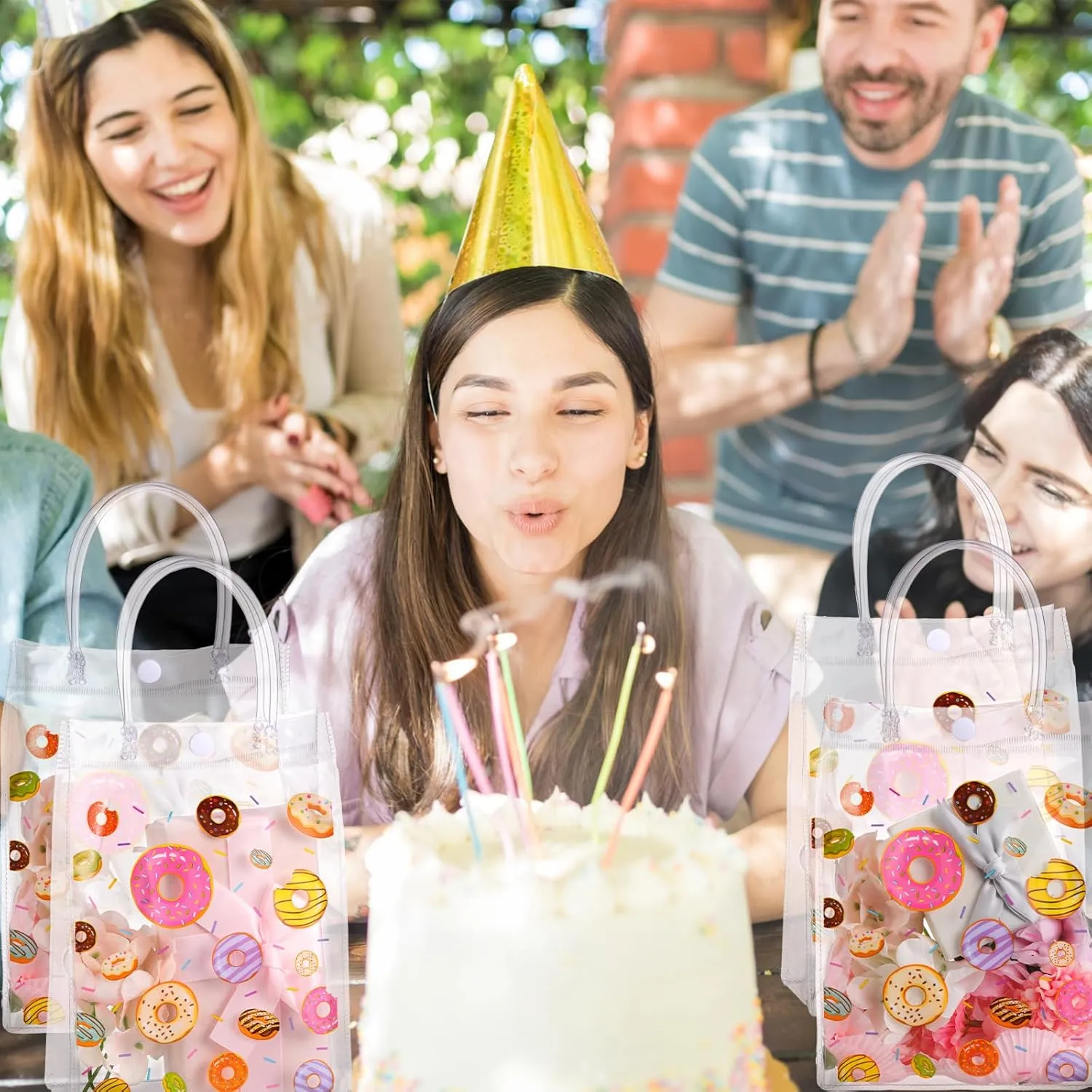 Saypacck 12 Pcs Donut Party Favor Gift Bags Plastic Clear Gift Bags with Handles Sweet One Two Birthday Party Decorations Donut PVC Candy Handbags for Supplies Treat (5.9 x 7.9 x 2.8 Inches)