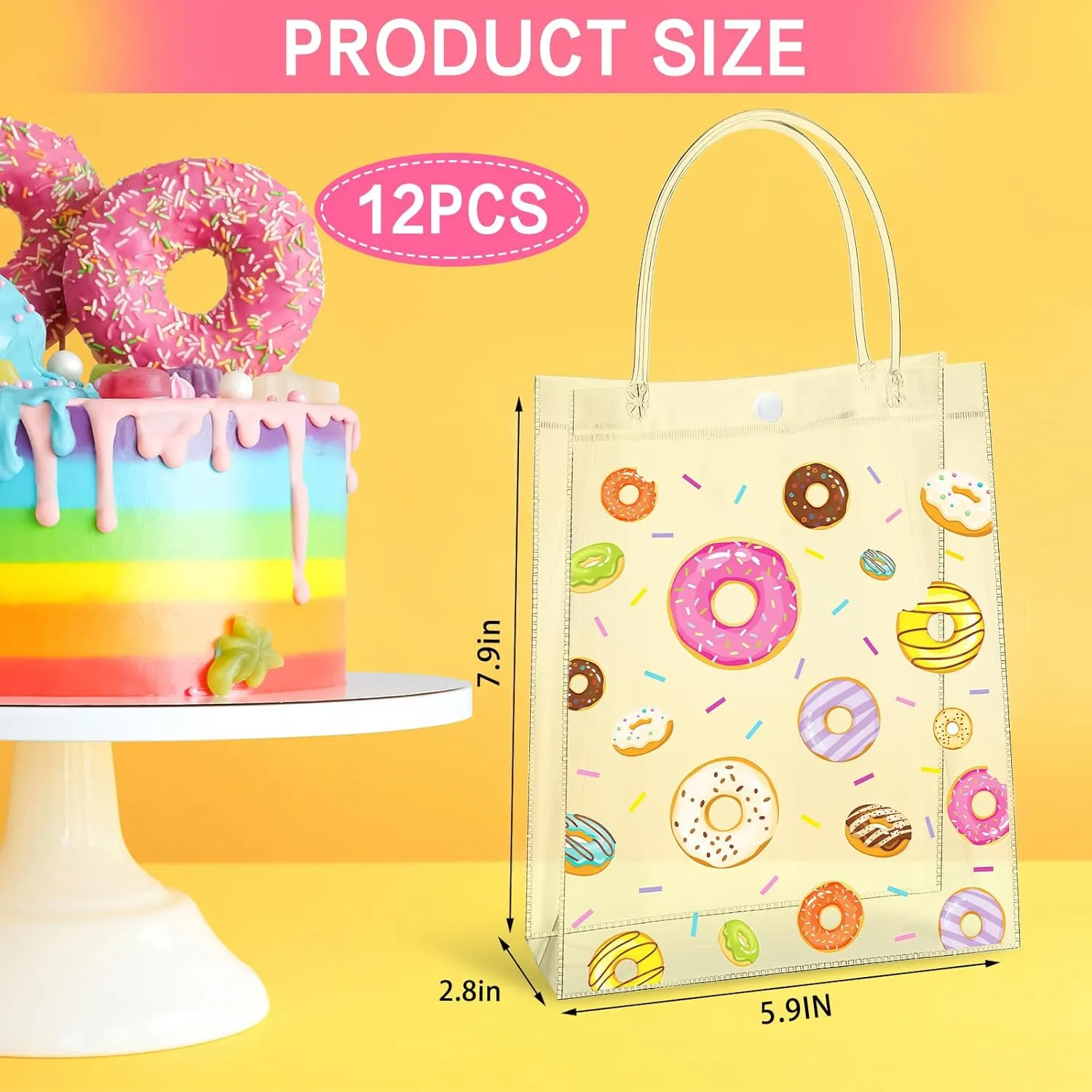 Saypacck 12 Pcs Donut Party Favor Gift Bags Plastic Clear Gift Bags with Handles Sweet One Two Birthday Party Decorations Donut PVC Candy Handbags for Supplies Treat (5.9 x 7.9 x 2.8 Inches)