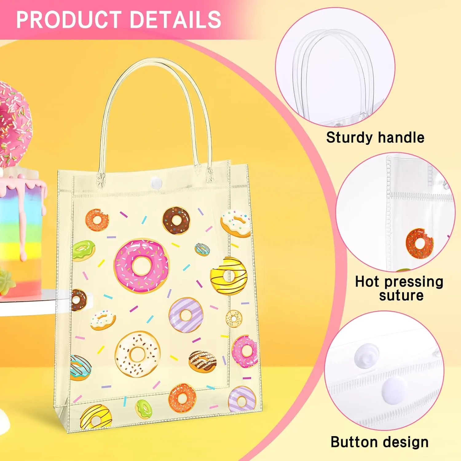 Saypacck 12 Pcs Donut Party Favor Gift Bags Plastic Clear Gift Bags with Handles Sweet One Two Birthday Party Decorations Donut PVC Candy Handbags for Supplies Treat (5.9 x 7.9 x 2.8 Inches)