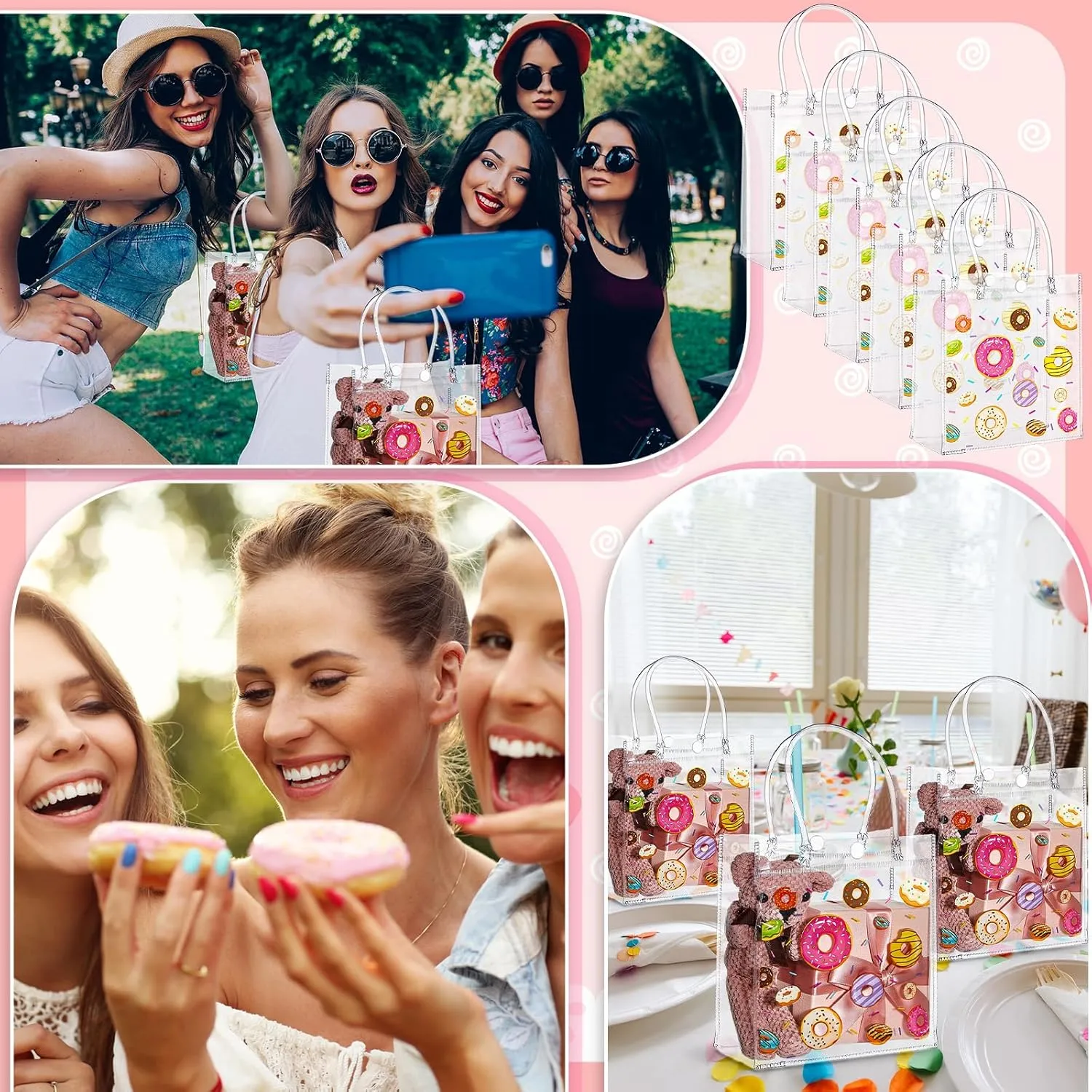 Saypacck 24 Pcs Donut Party Favor Gift Bags Plastic Clear Gift Bags with Handles Sweet One Two Birthday Party Decorations Donut PVC Candy Handbags for Supplies Treat (5.9 x 6.3 x 2.7 Inches)