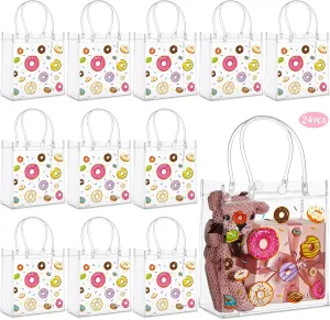 Saypacck 24 Pcs Donut Party Favor Gift Bags Plastic Clear Gift Bags with Handles Sweet One Two Birthday Party Decorations Donut PVC Candy Handbags for Supplies Treat (5.9 x 6.3 x 2.7 Inches)