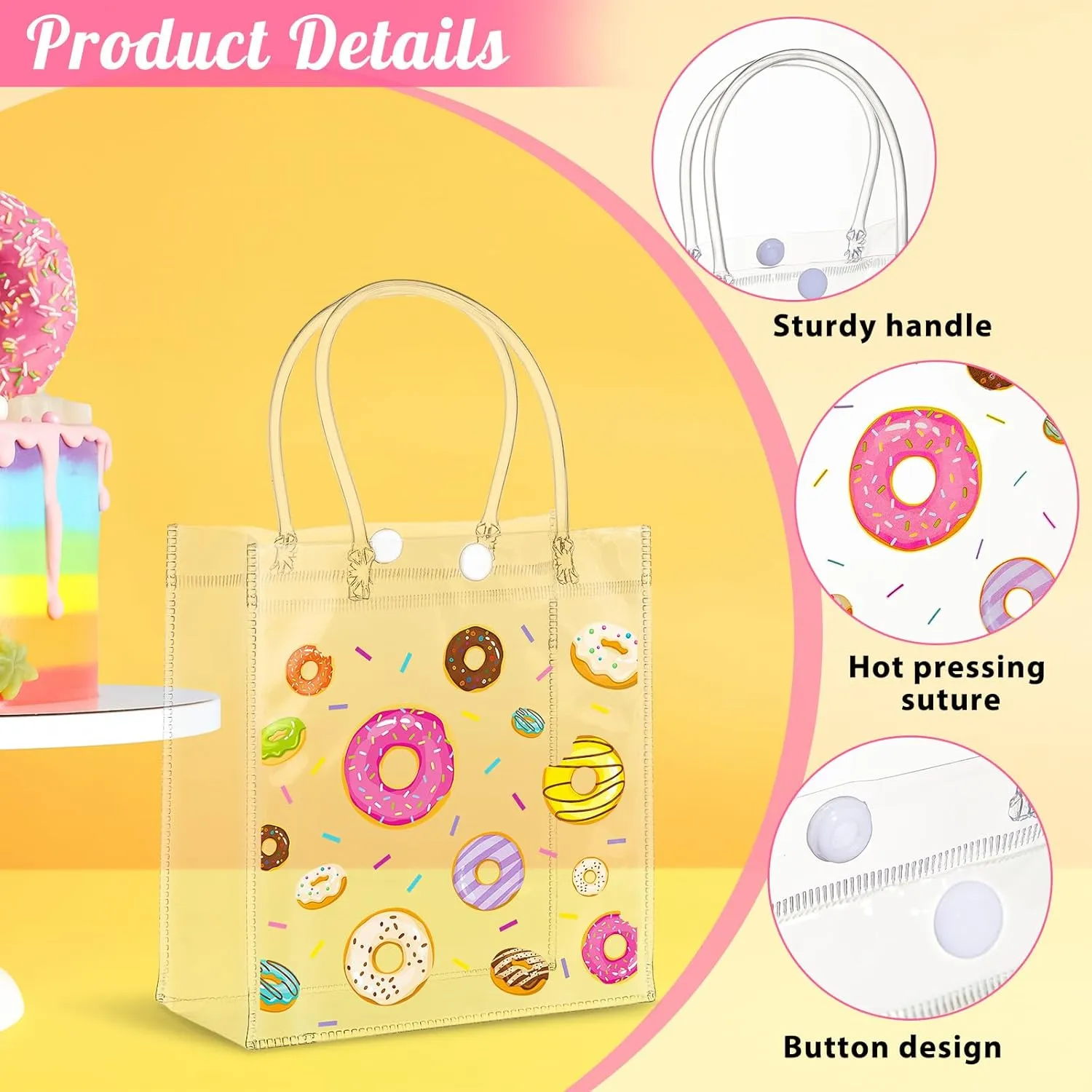 Saypacck 24 Pcs Donut Party Favor Gift Bags Plastic Clear Gift Bags with Handles Sweet One Two Birthday Party Decorations Donut PVC Candy Handbags for Supplies Treat (5.9 x 6.3 x 2.7 Inches)