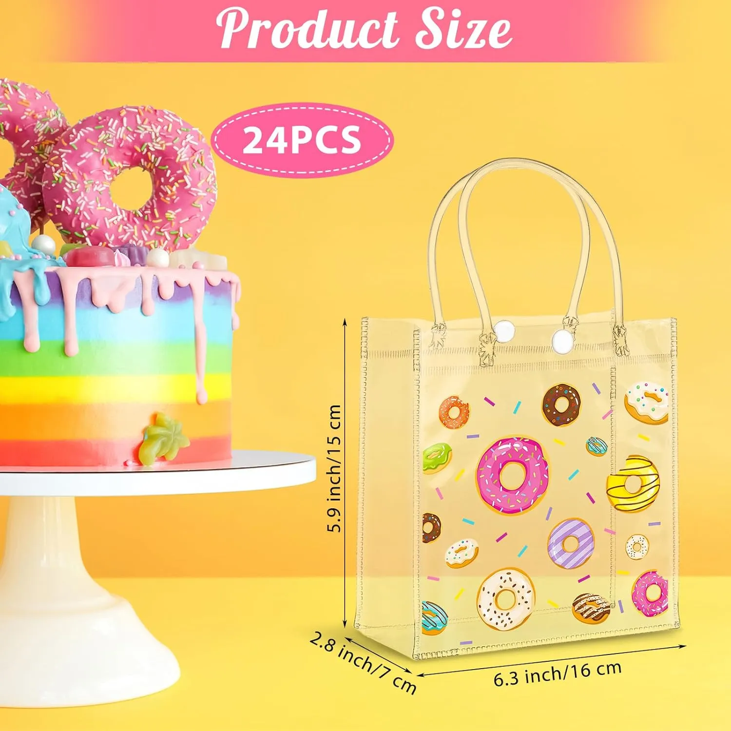 Saypacck 24 Pcs Donut Party Favor Gift Bags Plastic Clear Gift Bags with Handles Sweet One Two Birthday Party Decorations Donut PVC Candy Handbags for Supplies Treat (5.9 x 6.3 x 2.7 Inches)