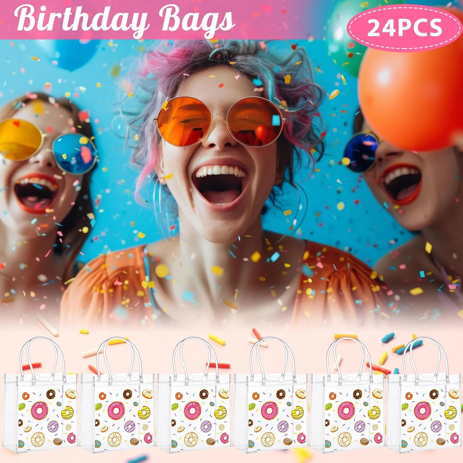 Saypacck 24 Pcs Donut Party Favor Gift Bags Plastic Clear Gift Bags with Handles Sweet One Two Birthday Party Decorations Donut PVC Candy Handbags for Supplies Treat (5.9 x 6.3 x 2.7 Inches)