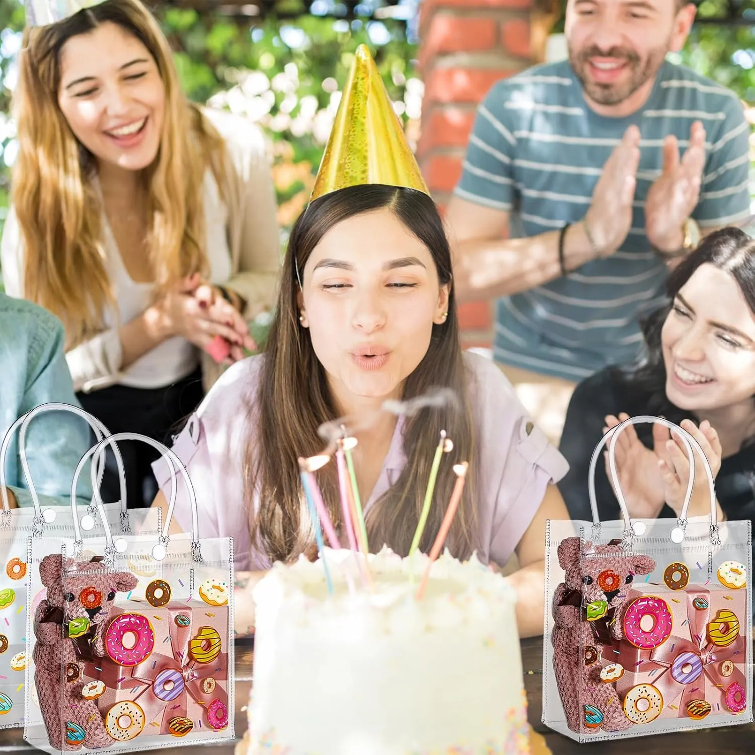 Saypacck 24 Pcs Donut Party Favor Gift Bags Plastic Clear Gift Bags with Handles Sweet One Two Birthday Party Decorations Donut PVC Candy Handbags for Supplies Treat (5.9 x 6.3 x 2.7 Inches)