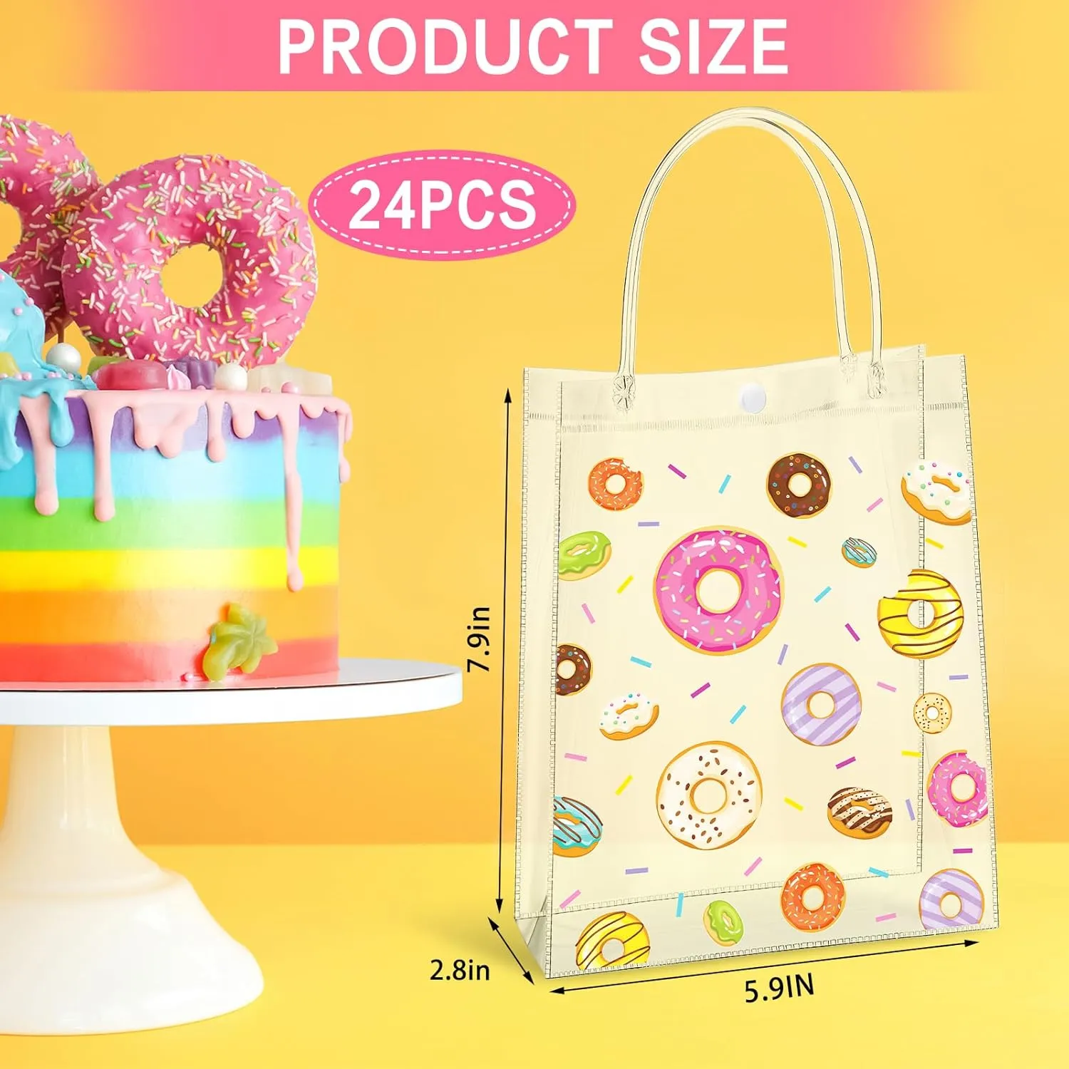 Saypacck 24 Pcs Donut Party Favor Gift Bags Plastic Clear Gift Bags with Handles Sweet One Two Birthday Party Decorations Donut PVC Candy Handbags for Supplies Treat (5.9 x 7.9 x 2.8 Inches)