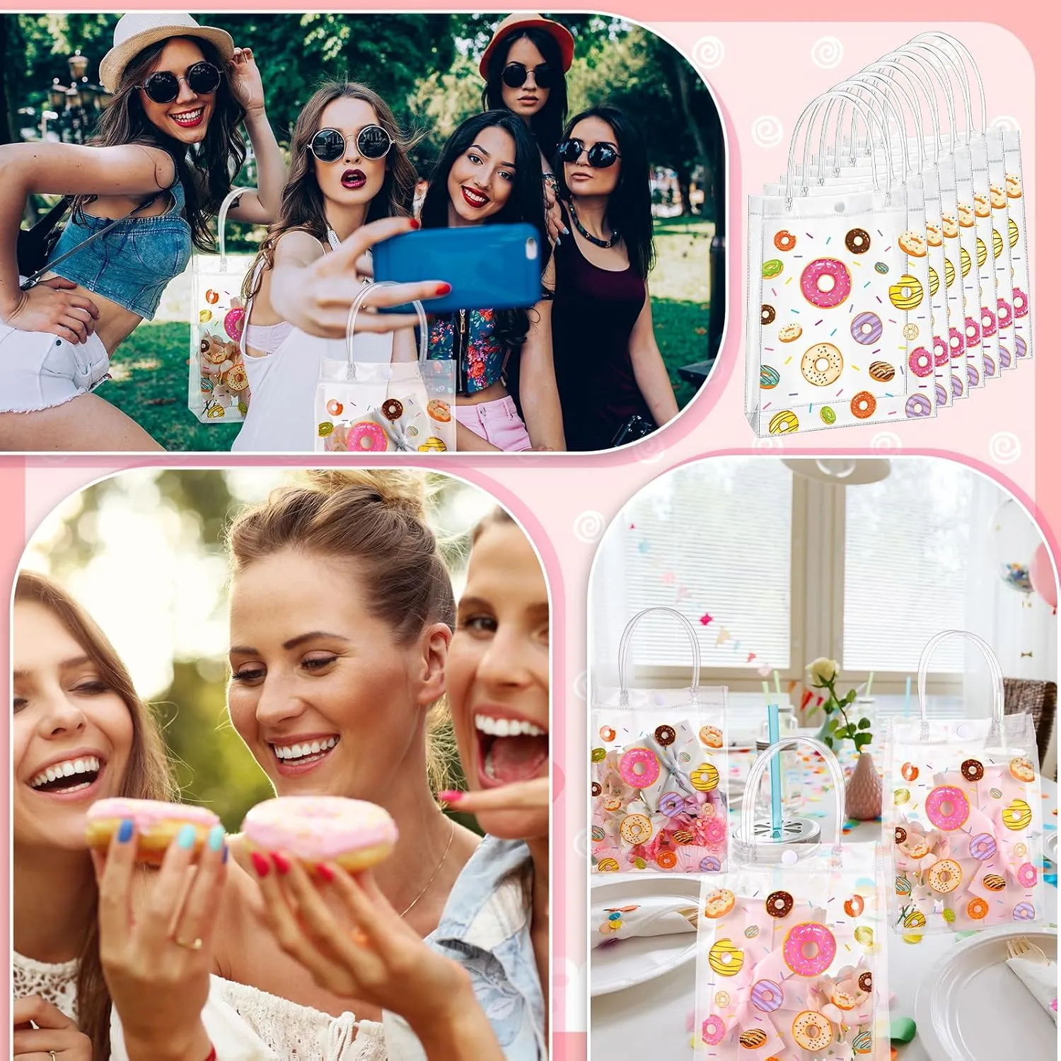 Saypacck 24 Pcs Donut Party Favor Gift Bags Plastic Clear Gift Bags with Handles Sweet One Two Birthday Party Decorations Donut PVC Candy Handbags for Supplies Treat (5.9 x 7.9 x 2.8 Inches)