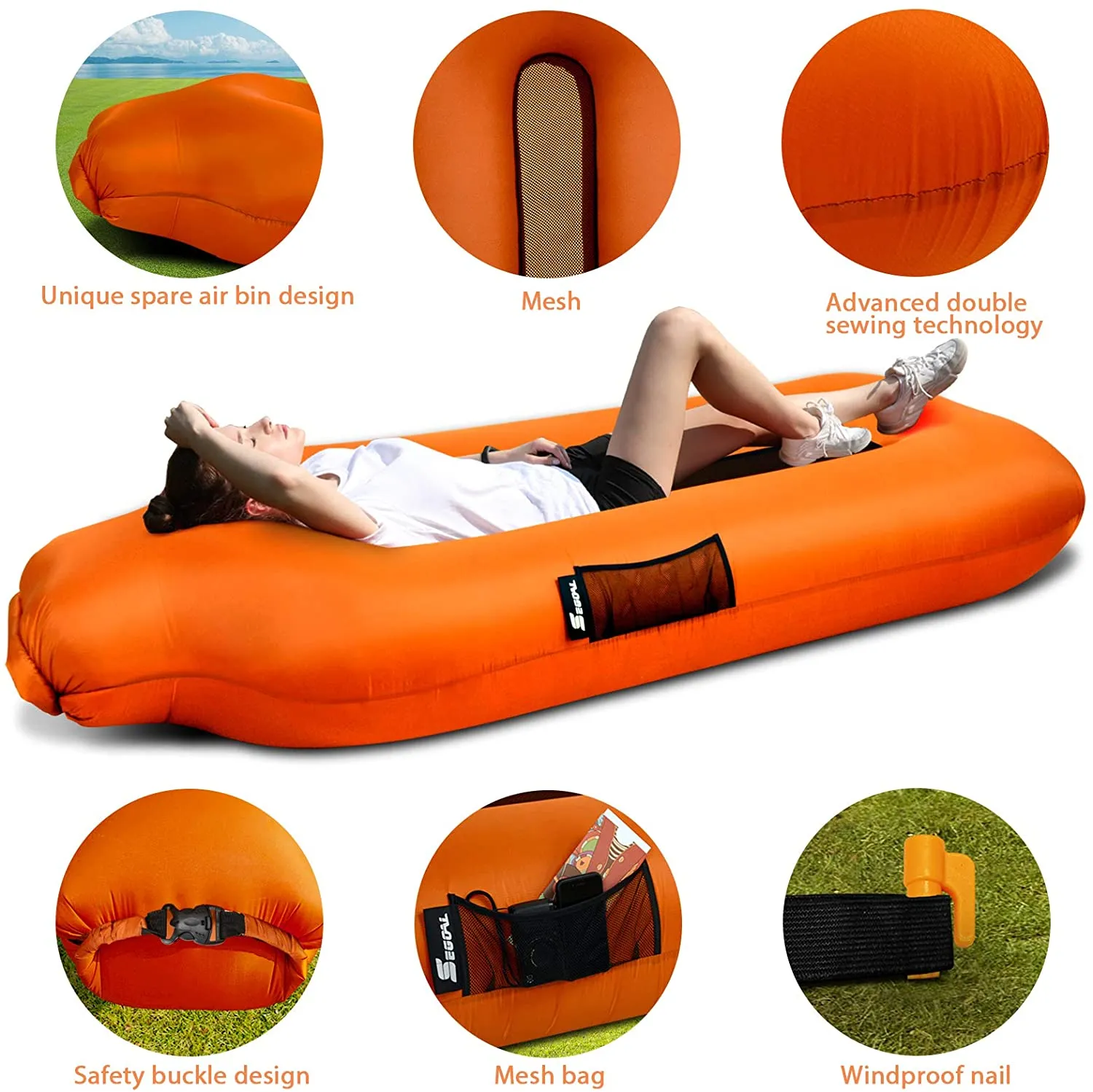 SEGOAL Inflatable Lounger Beach Bed Camping Chair Air Sofa Couch Hammock with Pillow Portable Waterproof Anti-Air Leaking for Camping Hiking Travel Beach Picnic Lakeside, No Pump Required