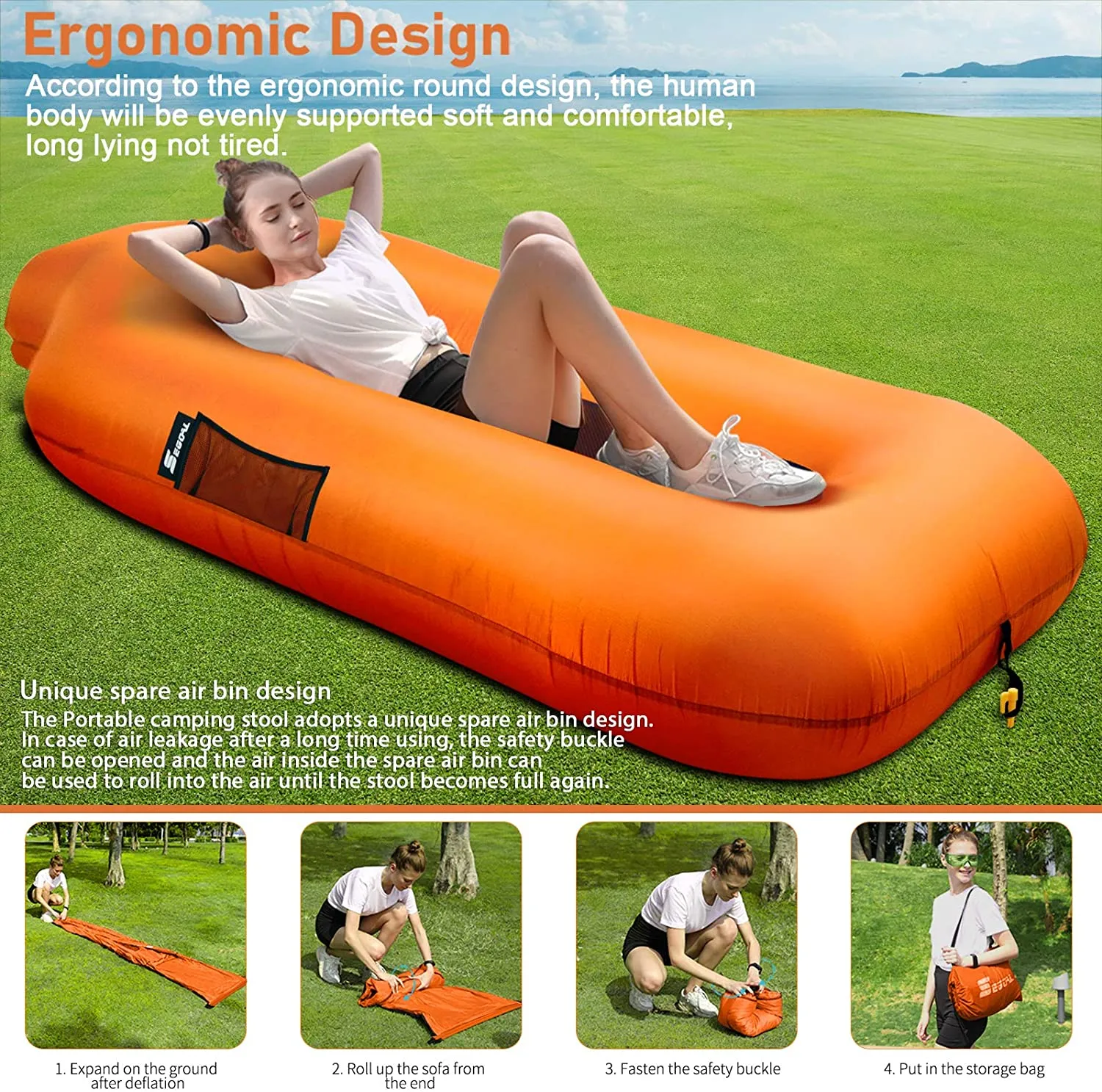 SEGOAL Inflatable Lounger Beach Bed Camping Chair Air Sofa Couch Hammock with Pillow Portable Waterproof Anti-Air Leaking for Camping Hiking Travel Beach Picnic Lakeside, No Pump Required