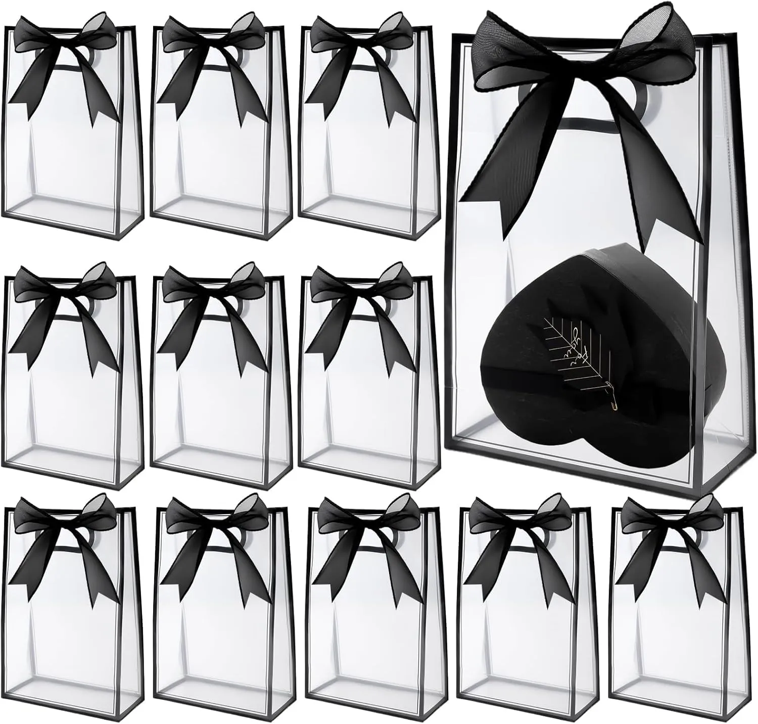 Sel Natural 12 Pcs Clear Gift Bags with Handles 7.1"x10.2"x3.2" Plastic Party Favor Bag with Ribbon Reusable Goodie Bags Transparent Gift Wrap Bag Bulks for Bridal Wedding Birthday (Black)