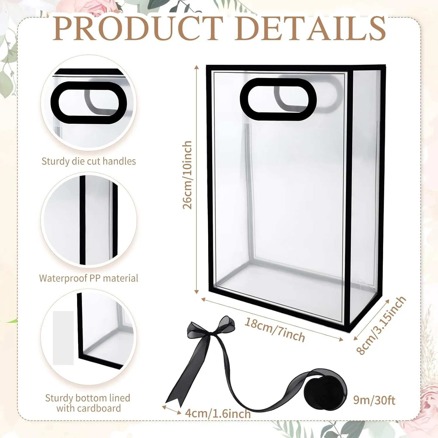 Sel Natural 12 Pcs Clear Gift Bags with Handles 7.1"x10.2"x3.2" Plastic Party Favor Bag with Ribbon Reusable Goodie Bags Transparent Gift Wrap Bag Bulks for Bridal Wedding Birthday (Black)