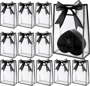 Sel Natural 12 Pcs Clear Gift Bags with Handles 7.1"x10.2"x3.2" Plastic Party Favor Bag with Ribbon Reusable Goodie Bags Transparent Gift Wrap Bag Bulks for Bridal Wedding Birthday (Black)
