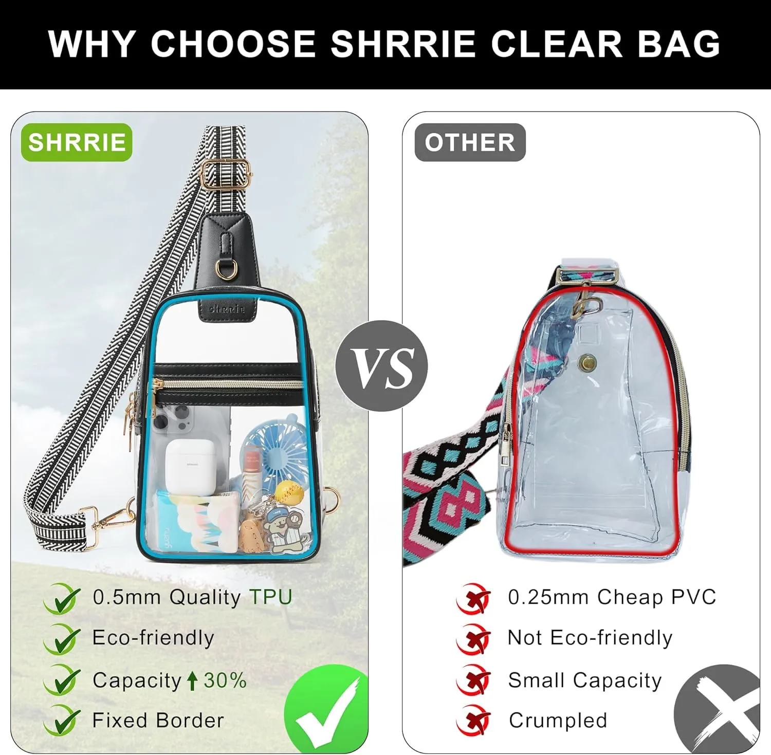 Shrrie Clear Bag for Stadium Events Transparent Crossbody Bag Clear Purse for Women&Men-Stadium Approved, Concerts&Sports