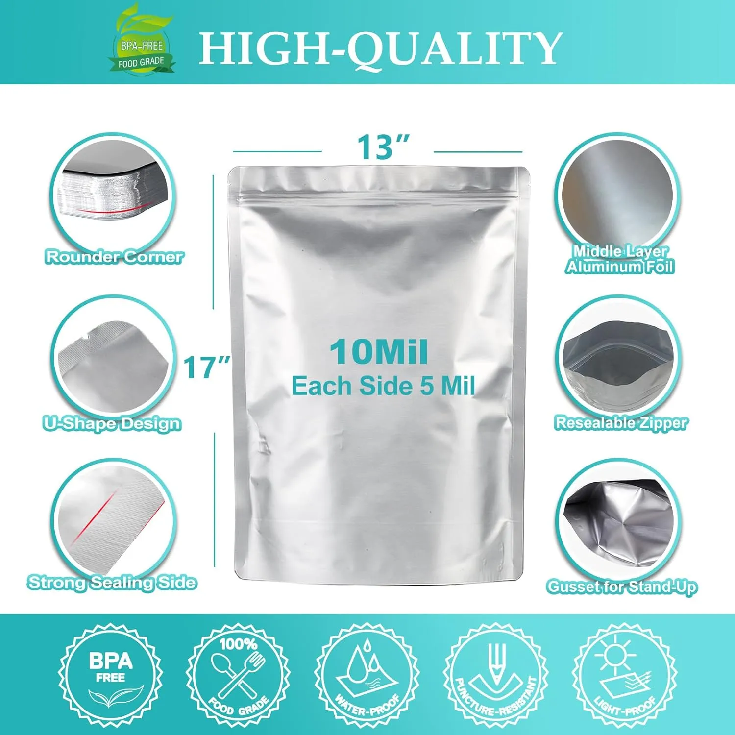 SHXWELL 30PCS 2 Gallon Mylar Bags for Food Storage, 13"x17" 10 Mil Stand-Up Zipper Pouches Resealable and Heat Sealable for Long Term Food Storage(13"x17", Extra Thick)