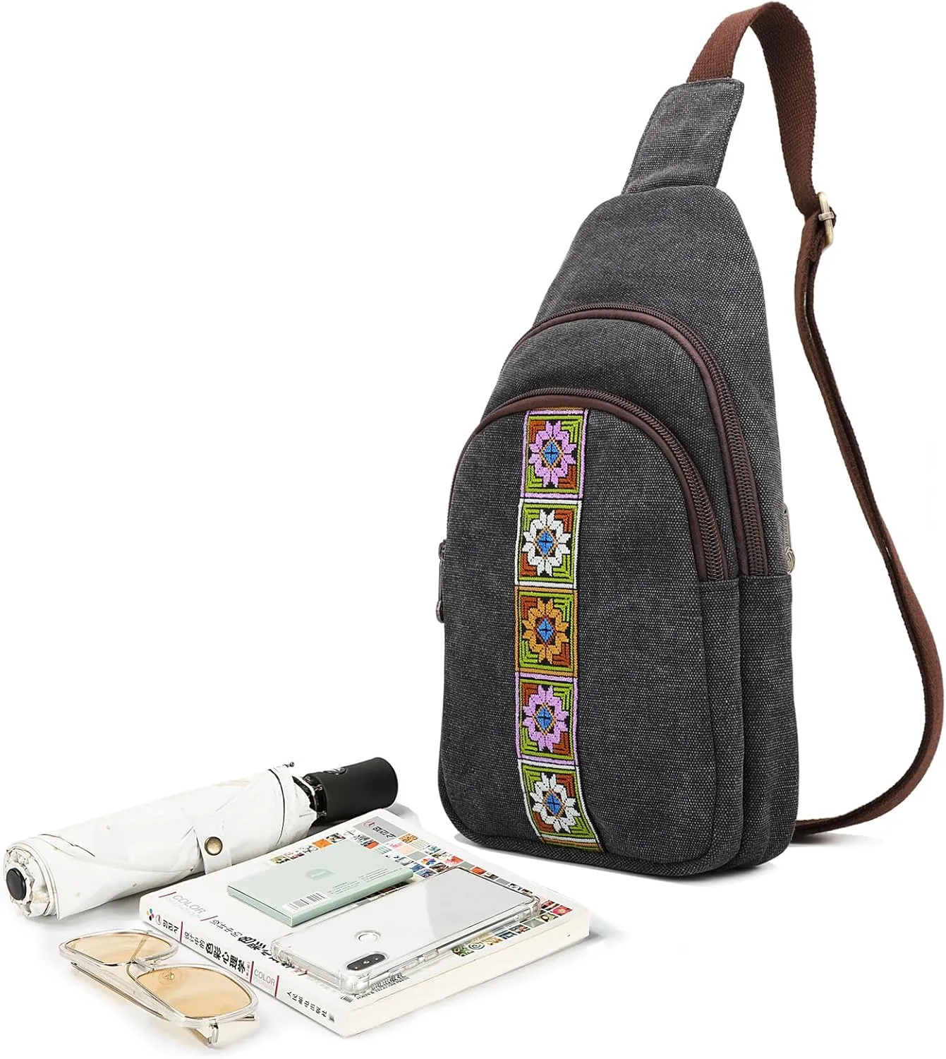 SILKAREA Canvas Sling Bag for Wome Crossbody Purse Small Sling Backpack Purse Travel Hiking Chest Bag Daypack