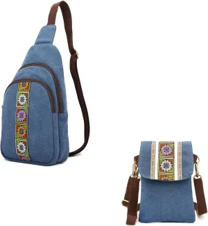 SILKAREA Embroidered Canvas Small Crossbody bags Sling Backpack Purse for Women Travel Chest Bag Crossbody Backpack Shoulder Bag