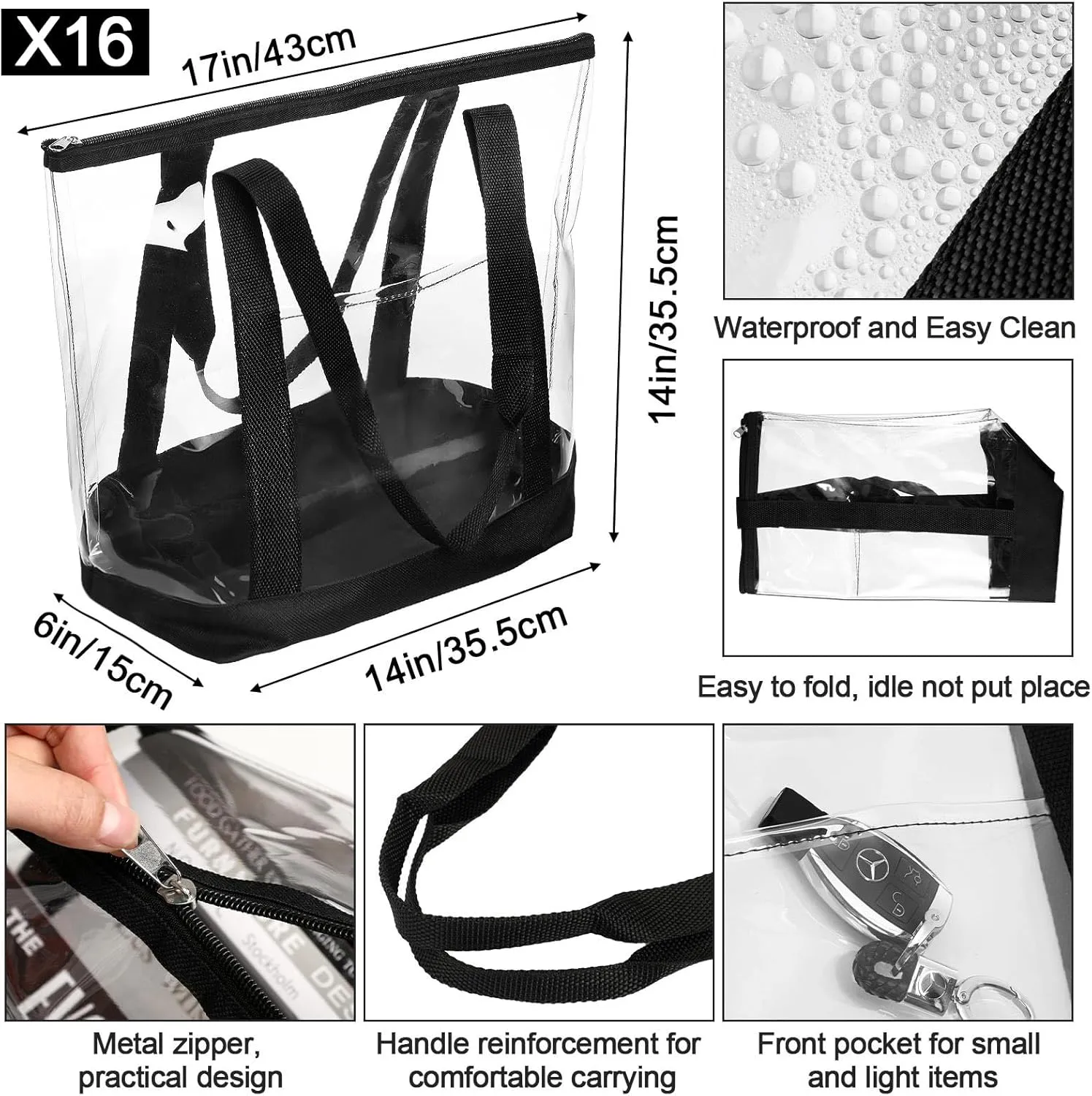 Silkfly 16 Pieces Clear Tote Bags Bulk, PVC Shoulder Handbag, Security Approved See Through Bag with Zipper Closure for Work