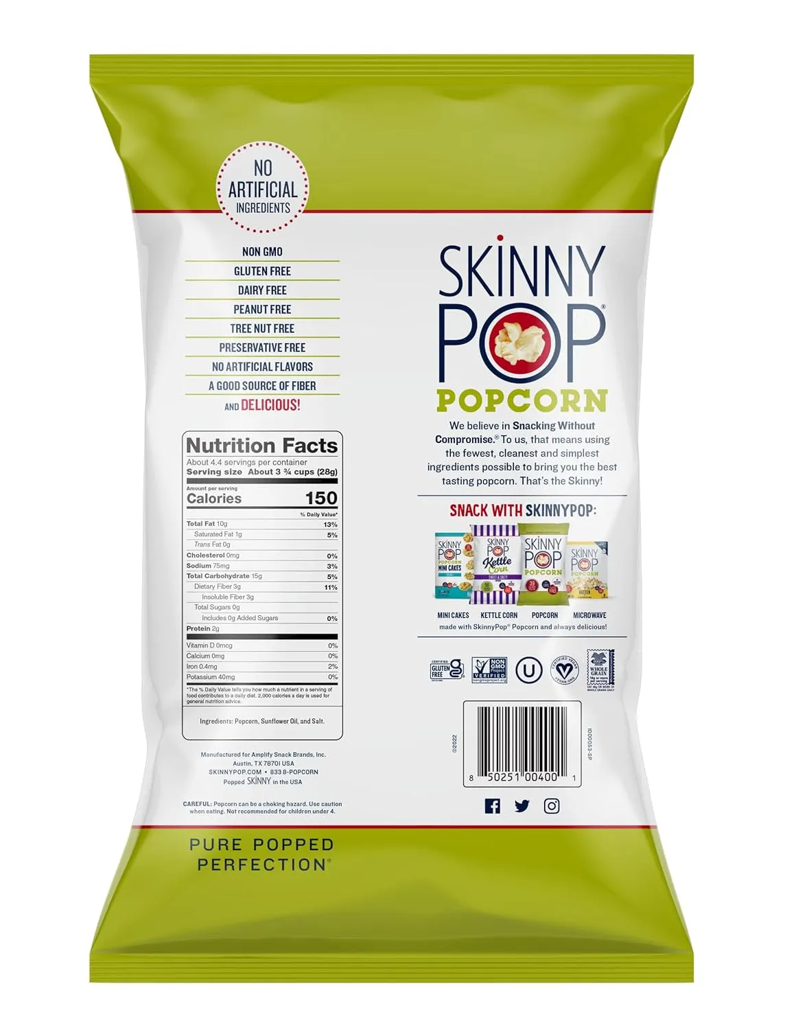 Skinnypop Original Popcorn, 4.4Oz Grocery Size Bags, Skinny Pop, Healthy Popcorn Snacks, Gluten Free