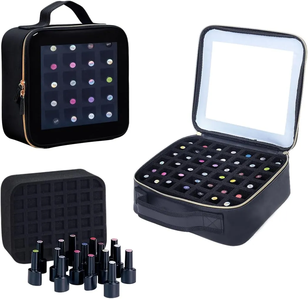 Small Clear Nail Polish Organizer Storage Box Hold 42 Bottles (15 ml/0.51 floz) PU Leather Portable Cosmetic Bag with Removable Partition