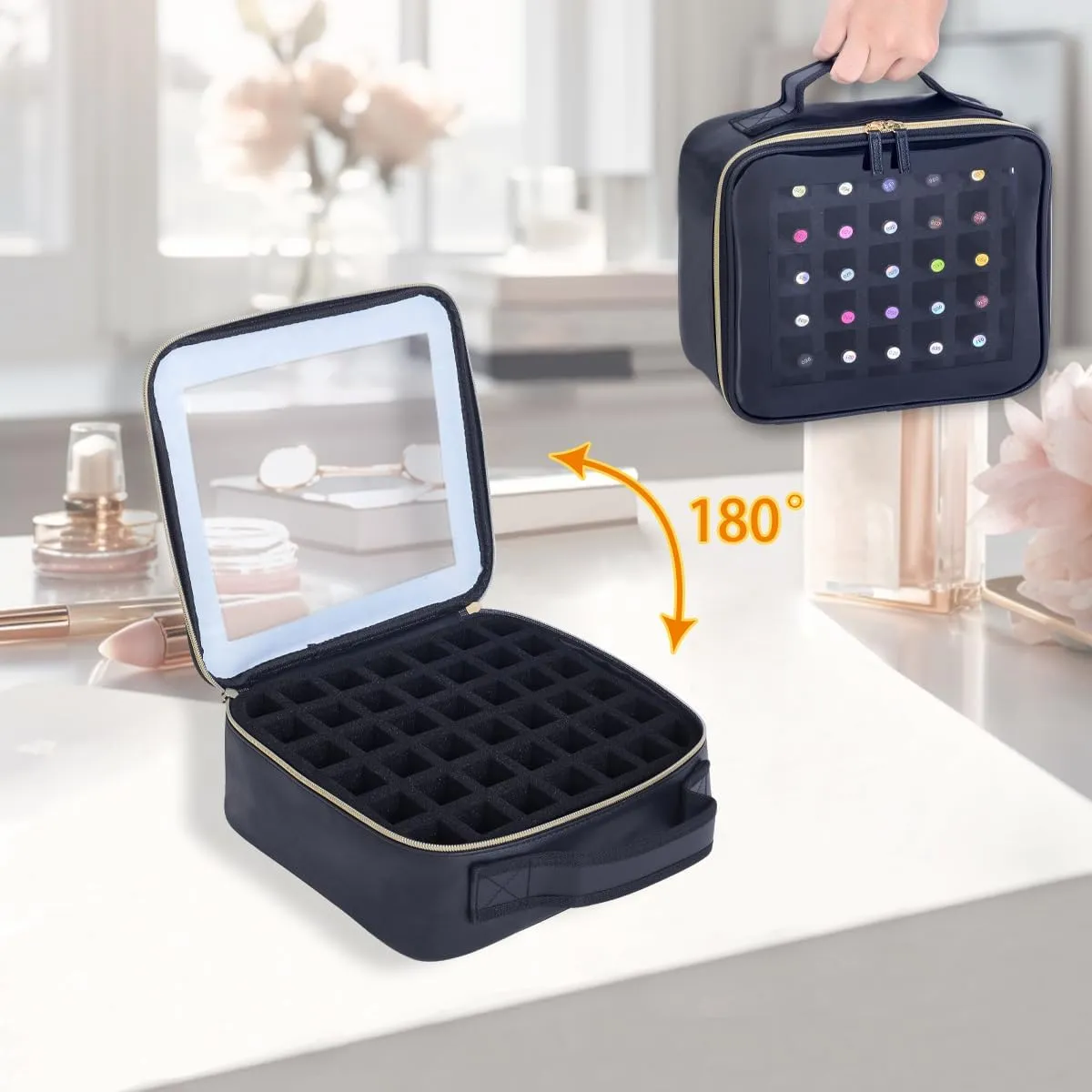 Small Clear Nail Polish Organizer Storage Box Hold 42 Bottles (15 ml/0.51 floz) PU Leather Portable Cosmetic Bag with Removable Partition