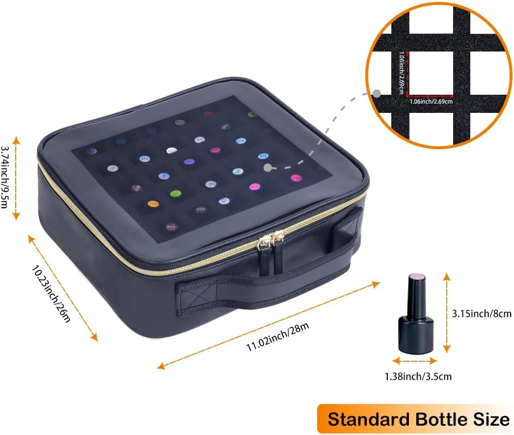 Small Clear Nail Polish Organizer Storage Box Hold 42 Bottles (15 ml/0.51 floz) PU Leather Portable Cosmetic Bag with Removable Partition