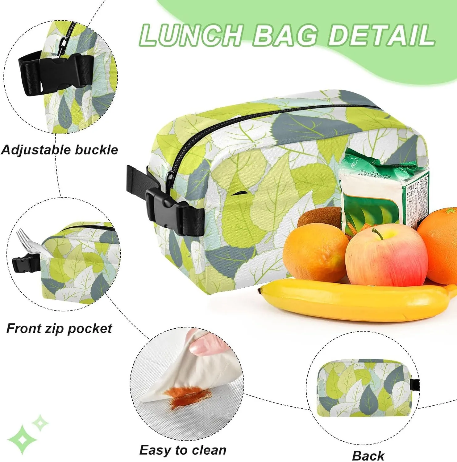 Small Lunch Box for Women Men Kids Small Insulated Lunch Snack Bag Leakproof Cooler Tote Bag for Work Travel Picnic Green Leaves Vitality