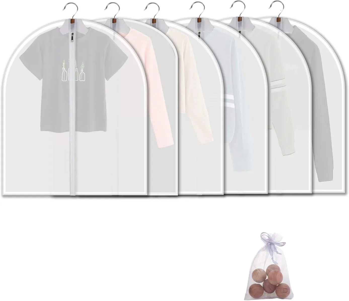 Small size Garment Bags - Set of 6 translucent 31 inch Hanging Clothing Bags with Cedar Balls, for Boy girls’ Sweater, hoodies, Shorts